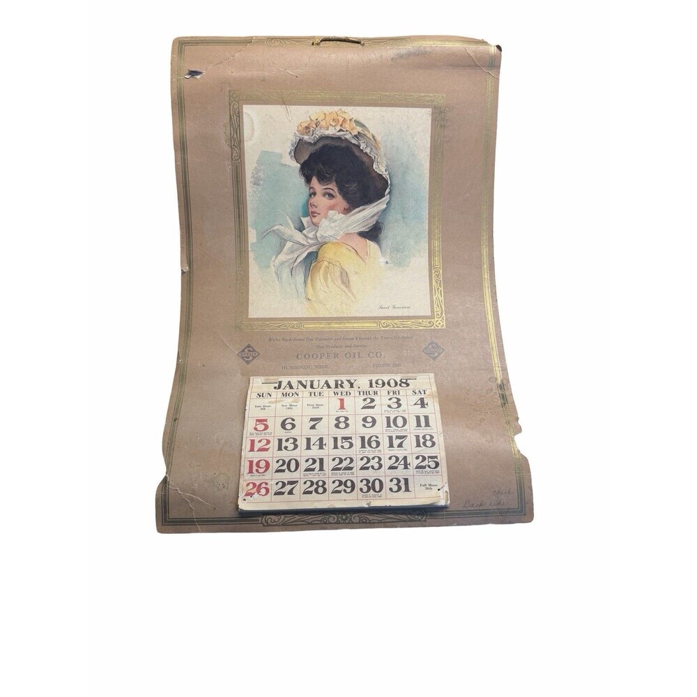 Vintage 1908 Advertising Calendar Cooper Oil Co Humboldt Nebraska Lithograph